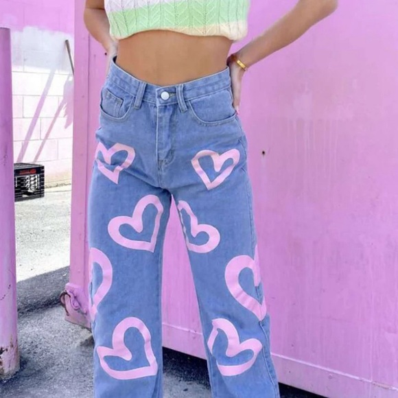 Colorful Natalie Women’s High Waisted Y2K Anime Heart Printed Jeans Size M Baggy - Picture 3 of 13